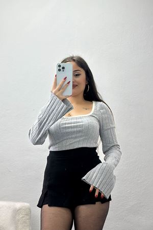 U Yaka İspanyol Kol Likralı Raporlu İnterlok Fitilli Body Gri - 90966.1748.