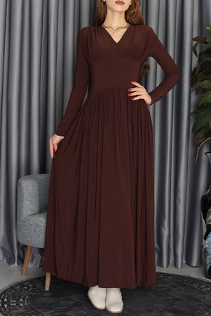 Loch Gögüs Gloplu Eteği Büzgülü Dökümlü Elbise Kahve - 2694.1997.