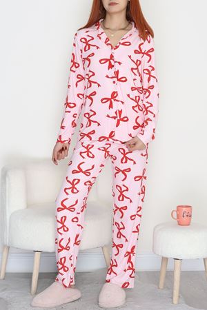 Düğmeli Süet Pijama Takımı Kırmızıtozpembe - 450.1287.