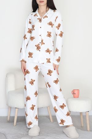 Düğmeli Süet Pijama Takımı Bejayı - 450.1287.