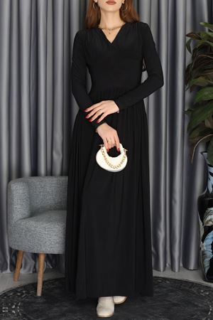 Loch Gögüs Gloplu Eteği Büzgülü Dökümlü Elbise Siyah - 2694.1997.