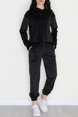 Kapşonlu Fransız Kadife Likralı Eşofman Takımı Siyah - 80903.1301.