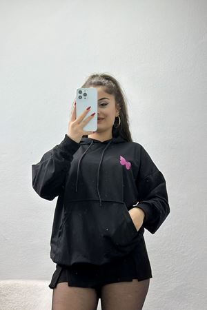 Kapşonlu 2 İplik Baskılı Sweat Siyah - 31306.1878.