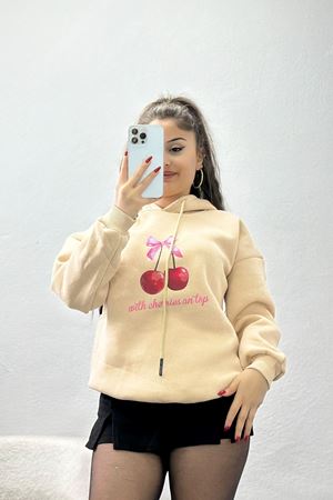 3 İplik Kapşonlu Baskılı Sweat Bej - 42227.1878.