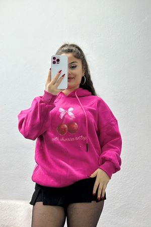 3 İplik Kapşonlu Baskılı Sweat Fuşya - 42227.1878.