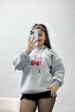 3 İplik Kapşonlu Baskılı Sweat Gri - 42227.1878.