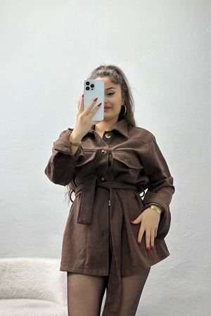 Çift Cepli Kuşaklı Tunik Gömlek Acıkahve - 70991.1775.