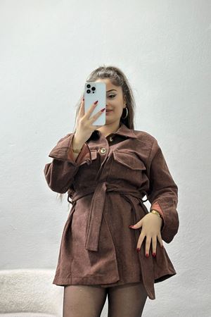 Çift Cepli Kuşaklı Tunik Gömlek Açıkkahve - 70991.1775.