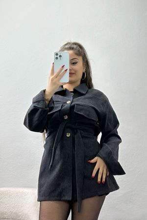 Çift Cepli Kuşaklı Tunik Gömlek Füme - 70991.1775.