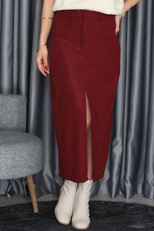 Yırtmaçlı Fitilli Kadife Etek Bordo - 51015.155.
