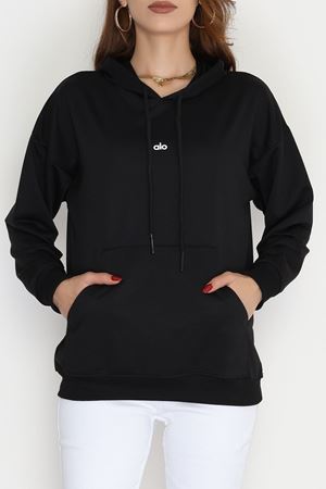 2 İplik Kapşonlu Baskılı Sweatshirt Siyah - 31315.1878.