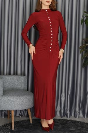 Loch Sedef Süs Düğmeli Yankuplar Büzgülü Elbise Bordo - 2705.1997.