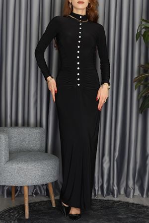 Loch Sedef Süs Düğmeli Yankuplar Büzgülü Elbise Siyah - 2705.1997.