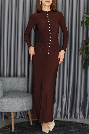 Loch Sedef Süs Düğmeli Yankuplar Büzgülü Elbise Kahve - 2705.1997.