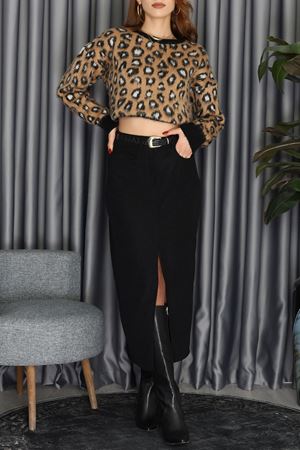 Yırtmaçlı Fitilli Kadife Etek Siyah - 51015.155.