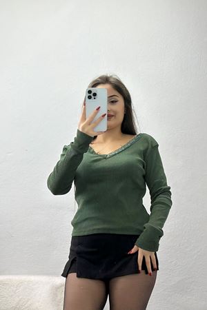 V Yaka Dantelli Kaşkorse Body Haki - 70815.599.