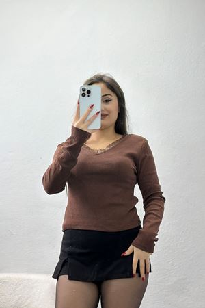 V Yaka Dantelli Kaşkorse Body Kahve - 70815.599.