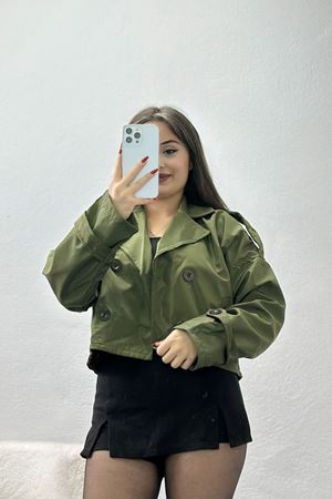 Astarlı Çift Düğmeli Kısa Trençkot Haki - 90863.147.