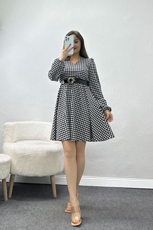 Kemer Detaylı Kaz Ayağı Kloş Elbise Siyahbeyaz - 581531.1592.