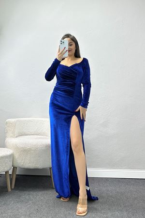 Kalp Yaka Kadife Elbise Saks - 582294.1592.