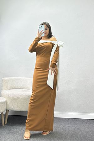Omuzu Kurdele Detaylı Zra Krep Elbise Kahvebeyaz - 583335.1592.