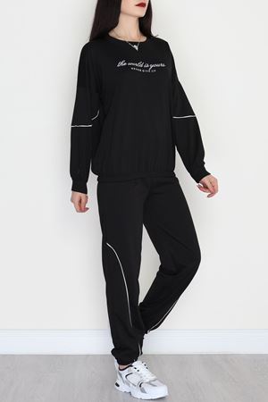 Biyeli Baskılı 2 İplik Eşofman Takımı Siyah - 50791.1857.