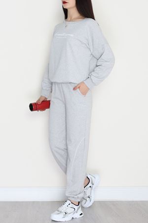 Biyeli Baskılı 2 İplik Eşofman Takımı Gri - 50791.1857.