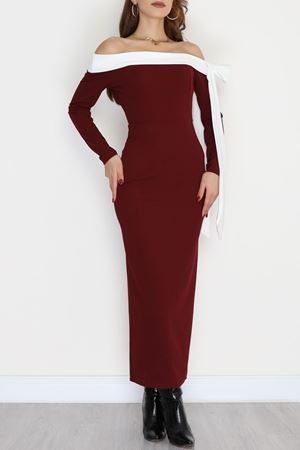 Omuzu Kurdele Detaylı Zra Krep Elbise Bordobeyaz - 583335.1592.