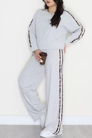 Şeritli 2 İplik Büyük Beden Eşofman Takımı Gri - 50784.1857.