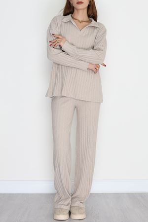 Polo Yaka Likralı İnterlok Fitilli Takım Bej - 90970.1748.