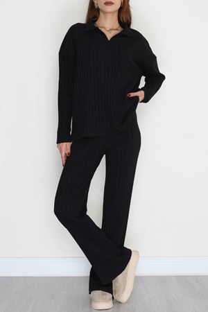 Polo Yaka Likralı İnterlok Fitilli Takım Siyah - 90970.1748.