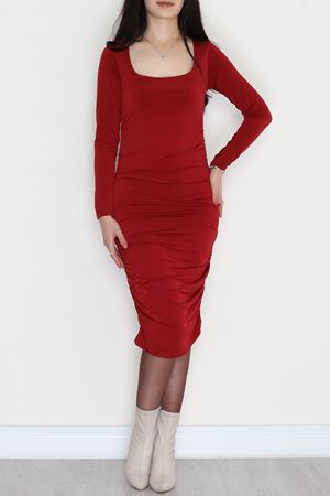 Yanları Büzgülü Sandy Elbise Bordo - 42569.1949.