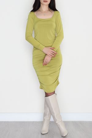 Yanları Büzgülü Sandy Elbise Yağyeşili - 42569.1949.