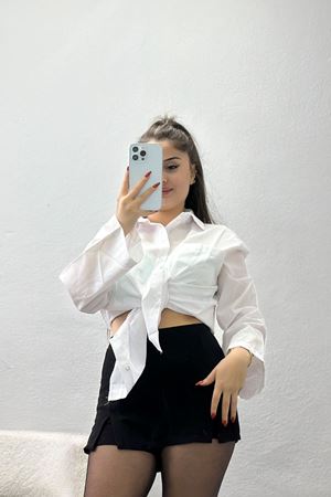 Geniş Kol Tek Cepli Oversize Terikoton Gömlek Beyaz - 2029.1949.