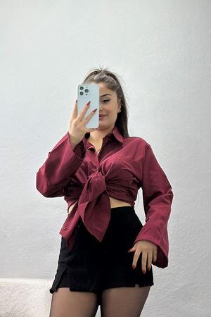 Geniş Kol Tek Cepli Oversize Terikoton Gömlek Bordo - 2029.1949.