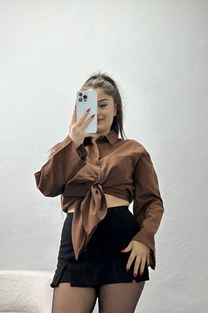 Geniş Kol Tek Cepli Oversize Terikoton Gömlek Kahve - 2029.1949.