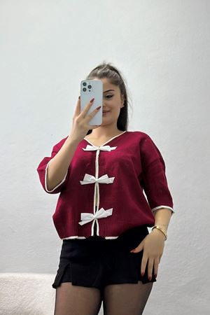 Kısa Kollu Fiyonklu Triko Bordo - 2281.1765.