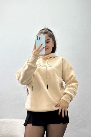 3 İplik Kapşonlu Nakışlı Sweat Bejkahve - 42221.1878.