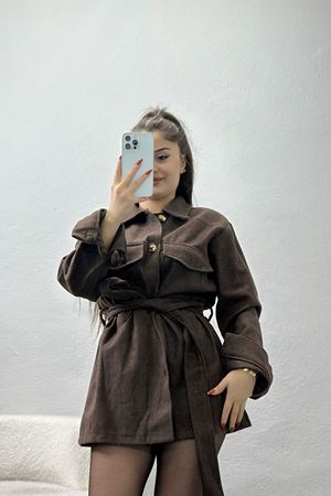 Çift Cepli Kuşaklı Tunik Gömlek Koyukahve - 70991.1775.