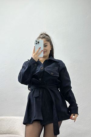 Çift Cepli Kuşaklı Tunik Gömlek Koyulacivert - 70991.1775.