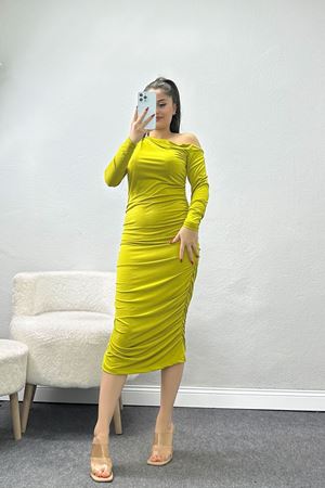 Asimetrik Yaka Sandy Elbise Yağyeşili - 42570.1949.