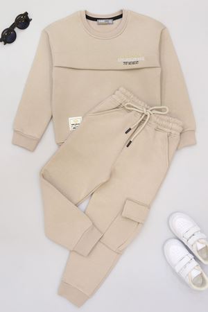 5-12 Yaş 3 İplik Şardonlu Kargo Cep Takım Bej - 60205.1867.