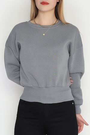 Bisiklet Yaka 3 İplik Crop Sweat Füme - 20968.1878.