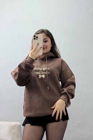 3 İplik Kapşonlu Nakışlı Sweat Kahve - 42228.1878.