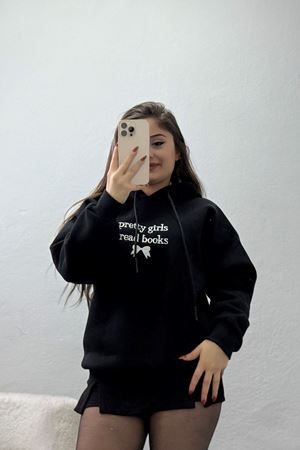 3 İplik Kapşonlu Nakışlı Sweat Siyahbeyaz - 42228.1878.