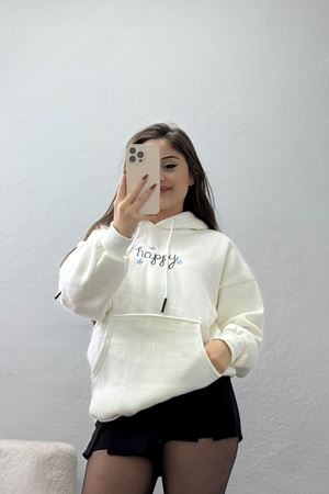 3 İplik Kanguru Cepli Kapşonlu Sweat Beyaz - 42250.1878.