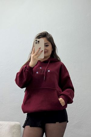 3 İplik Kanguru Cepli Kapşonlu Sweat Koyubordo - 42250.1878.