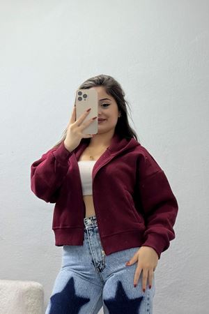 3 İplik Kompakt Oversize Fleto Cepli Sweat Bordo - 42506.1878.