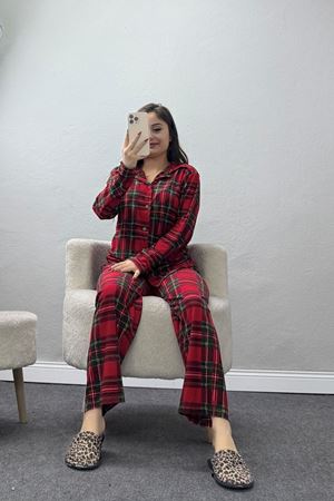 Düğmeli Süet Pijama Takımı Kırmızıyeşil - 450.1287.