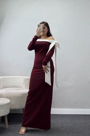 Omuzu Kurdele Detaylı Zra Krep Elbise Bordobeyaz - 583335.1592.